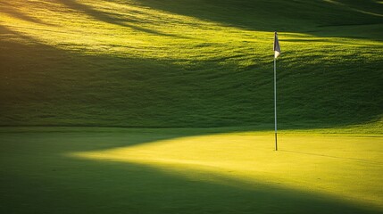 golf. Ancient golf course green glowing in morning light, manicured grass surface. event key visuals, club posters, designed for fitness apps and gym onboarding, used by fitness trainers.