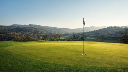 golf. Ancient golf course green glowing in morning light, manicured grass surface. event key visuals, club posters, designed for fitness apps and gym onboarding, used by fitness trainers.