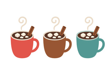Three steaming mugs of hot cocoa topped with marshmallows and cinnamon sticks for winter holidays