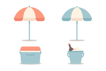 Summer vacation essentials set with beach umbrellas, portable cooler box, and ice bucket