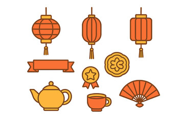 Traditional Chinese celebration symbols featuring hanging lanterns, mooncake, tea set, and folding fan