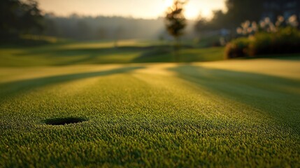 golf. Ancient golf course green glowing in morning light, manicured grass surface. event key visuals, club posters, designed for fitness apps and gym onboarding, used by fitness trainers.