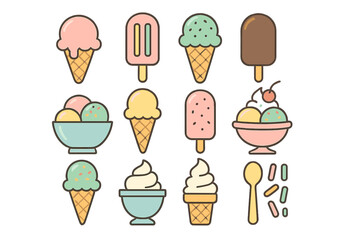 Colorful frozen treats featuring ice cream cones, popsicles, sundaes, and soft serve desserts