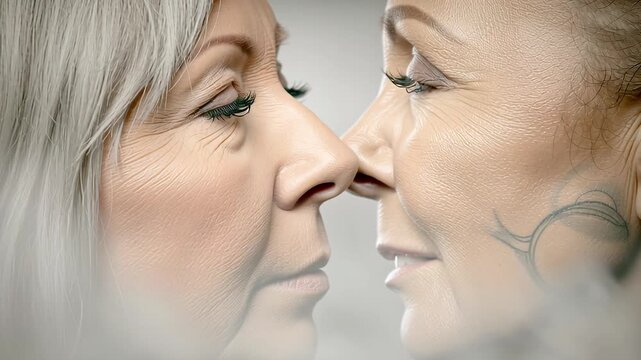 Close up shot capturing the tender moment between two mature women as they touch noses with eyes gently shut. Display of deep affection, intimacy, and love in their relationship