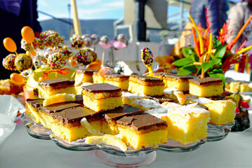 Sponge cake cut into squares with a layer of jam and chocolate icing at dessert buffet (Orange festival, Herceg Novi). Symbolizes festive confectionery display and community gathering sweet offering.