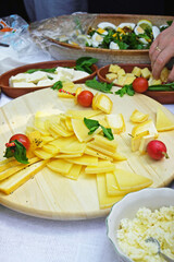 A selection of Montenegrin farmhouse cheeses displayed on a table. Gourmet dairy assortment featuring mild and aged varieties. Appetizer platter presentation and social gathering food styling.