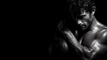 Fitness enthusiast focusing on kettlebell workout in a low-light gym setting showcasing strength and determination