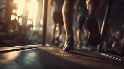 Individuals are engaged in their morning workouts on various treadmills at a bustling fitness center during the early hours of the day