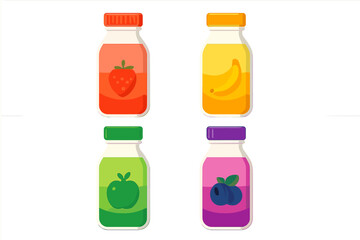 Vibrant fruit juice bottles set with strawberry banana apple and blueberry icons