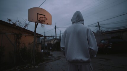 Basketball player stands alone in the evening, reflecting by the basketball court on a cloudy night in a quiet neighborhood