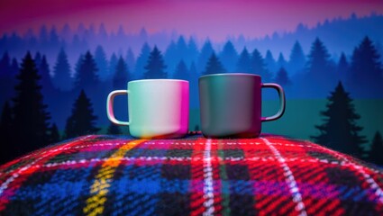Two colorful mugs on a cozy plaid blanket, set against a vibrant forest backdrop