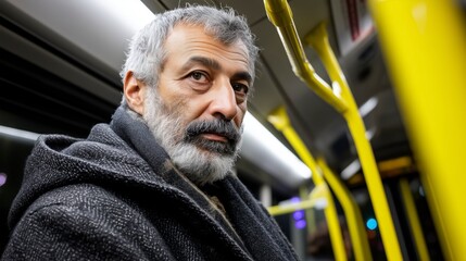 A man sporting a gray beard boards a public bus in the bustling city at night, surrounded by vibrant yellow poles