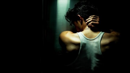 Young man in a tank top leaning against a wall, showcasing strong back muscles in low light, creating a dramatic, moody atmosphere in an urban setting