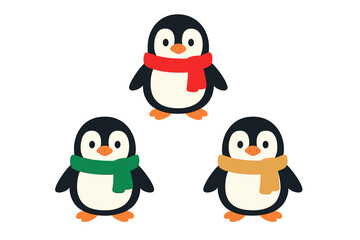 Group of three adorable cartoon penguins wearing colorful winter scarves, isolated on white background