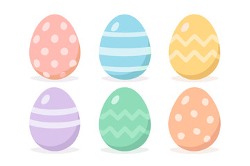 Collection of six brightly colored decorative Easter eggs with stripes, polka dots, and zigzags