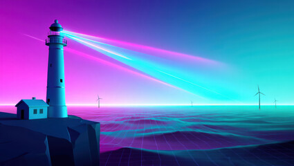 Futuristic lighthouse illuminating the ocean with vibrant neon colors