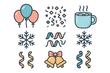 Colorful holiday and winter celebration elements including balloons, confetti, hot cocoa, snowflakes, and festive bells