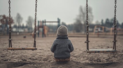 Child watches empty swings at a quiet playground on a cloudy day in early spring, feeling the peaceful atmosphere of solitude and reflection
