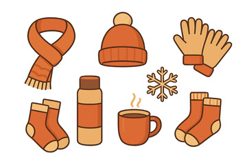 Collection of cozy winter essentials including warm knitted clothing, hot beverages, and seasonal accessories