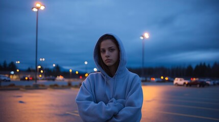Young woman stands in empty parking lot at dusk, wearing a hoodie and looking thoughtfully at the camera in a serene atmosphere