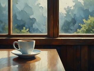 A serene coffee cup on a wooden table by a sunlit window