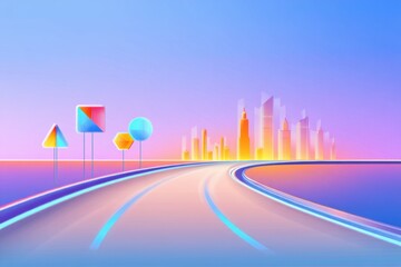Futuristic city skyline with vibrant geometric shapes and a winding road