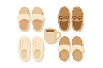 Overhead view of cozy slippers collection and warm coffee mug for comfortable home relaxation