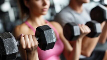 Couple lifts dumbbells together in a gym during their workout session focusing on strength training and fitness goals