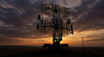 Modern military radar with large rotating antenna in open terrain at sunset.
