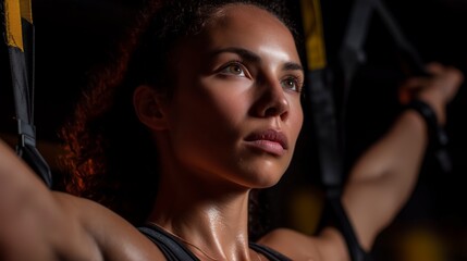 Focused woman engaged in strength training with suspension straps in a gym environment during evening hours