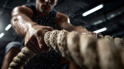 Intense strength training session in gym featuring a person using battle ropes to enhance fitness and endurance during evening workout
