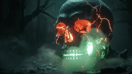 Spooky Halloween Horror Party in October Creepy skull with glowing eyes and eerie fog for a chilling celebration