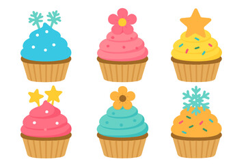 Six brightly colored sweet cupcakes with festive toppings and decorations