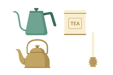 Modern and traditional kettles, tea canister, and honey dipper for hot beverage preparation