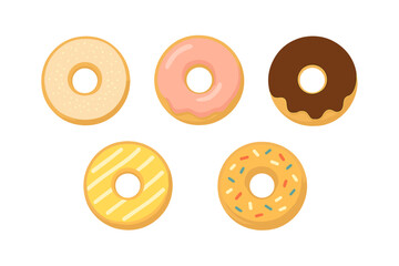 Set of five colorful glazed donuts with various toppings and flavors on a white background