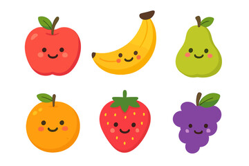 Adorable smiling cartoon fruit collection including apple banana pear orange strawberry and grapes isolated