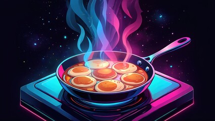 Colorful frying pan with eggs, steam rising in a vibrant cosmic background