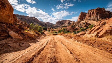Winding dirt path stretches through vibrant red rocks and lush greenery under a sunny sky