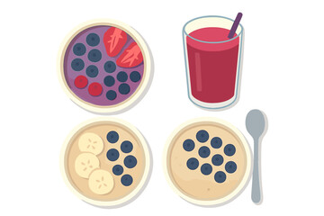Collection of healthy breakfast items including fruit bowls, oatmeal, and a berry smoothie drink