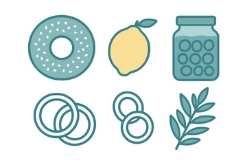Minimalist set of icons depicting various kitchen ingredients and prepared foods on a white background