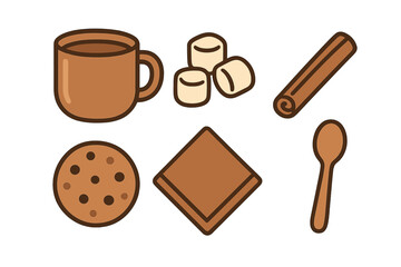 Hot cocoa ingredients and accessories set including mug, marshmallows, cookie, and cinnamon stick