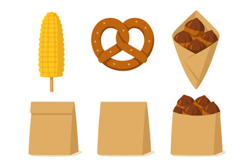 Classic street food snacks set with roasted corn, soft pretzel, and chestnuts in paper bags