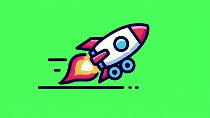 Cartoon Rocket Launching with Flames on Green Background Illustration of Animated Pixelated Spaceship Startup Concept in Flight - Powered by Adobe