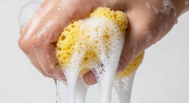 Close-up of hand squeezing foamy yellow sponge with soap bubbles