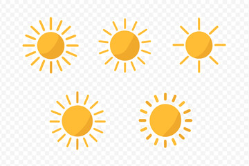 Set of five stylized yellow sun shapes for summer and sunny weather conditions