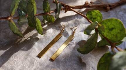 Elegant Long Gold Earrings on Soft Fabric with Green Leaves in Natural Light for Jewelry and Fashion Photography