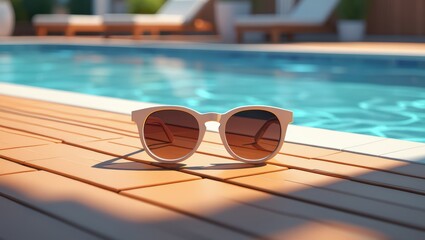 Stylish sunglasses resting on wooden deck by a refreshing poolside
