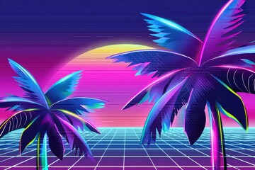 Vibrant retro landscape with palm trees and a colorful sunset backdrop