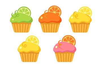 Colorful set of citrus cupcakes decorated with fruit slices and sweet frosting