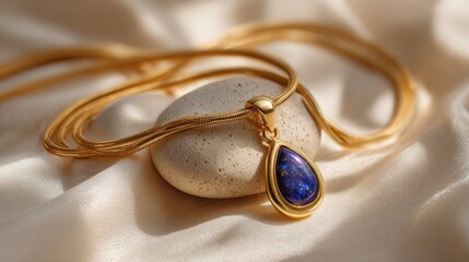 Elegant Golden Necklace with Blue Gemstone Pendant on Soft Satin Fabric